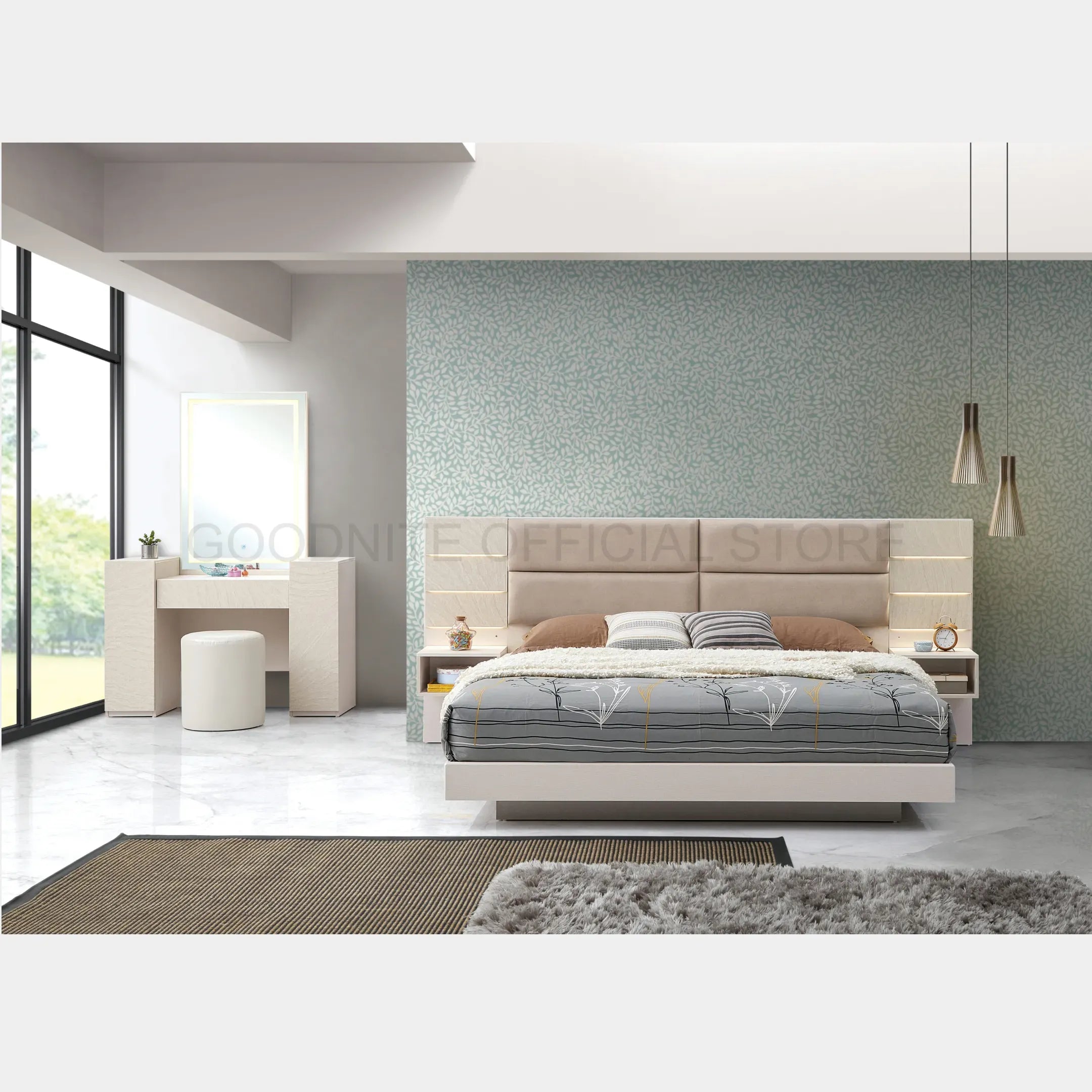Goodnite Queen/ King Bedroom Set, Bedframe + Wardrobe + Dresser + Side Table (Oro)