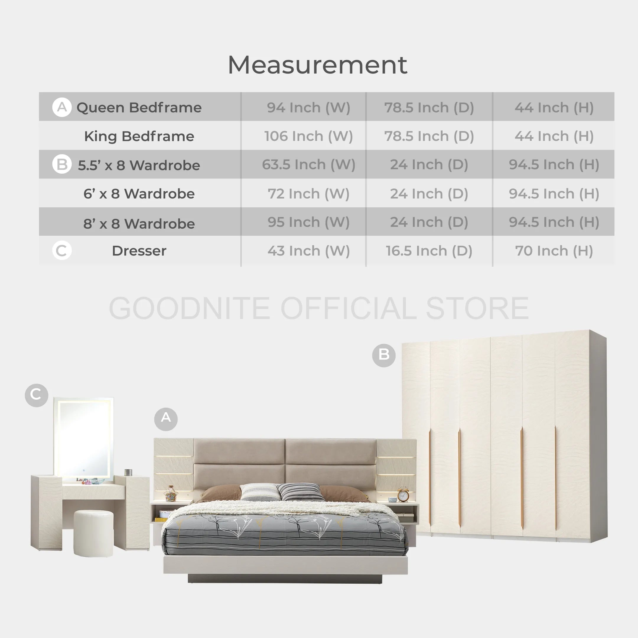 Goodnite Queen/ King Bedroom Set, Bedframe + Wardrobe + Dresser + Side Table (Oro)