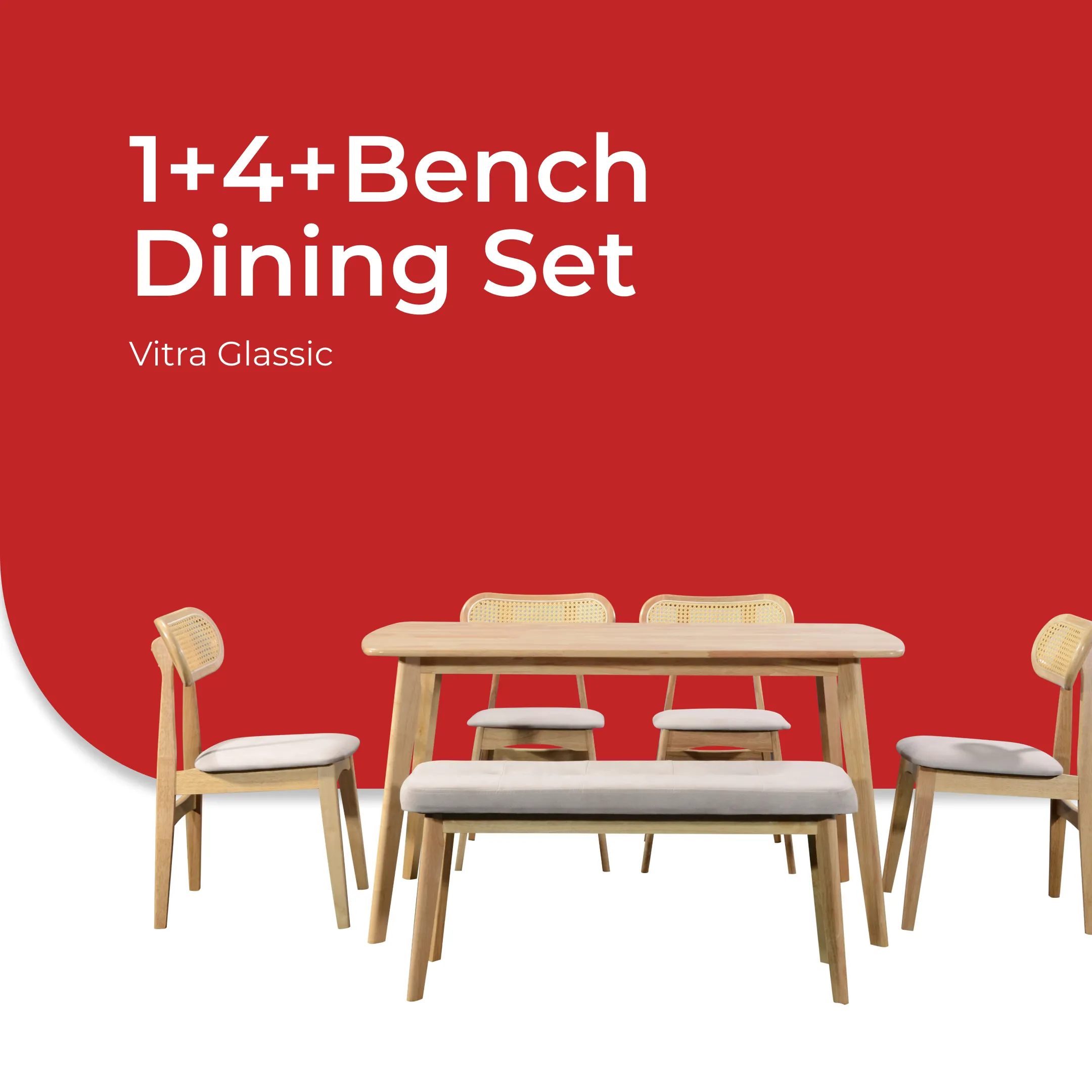 Goodnite (1+4+Bench) Glassic Solid Rubber Wood Dining Set