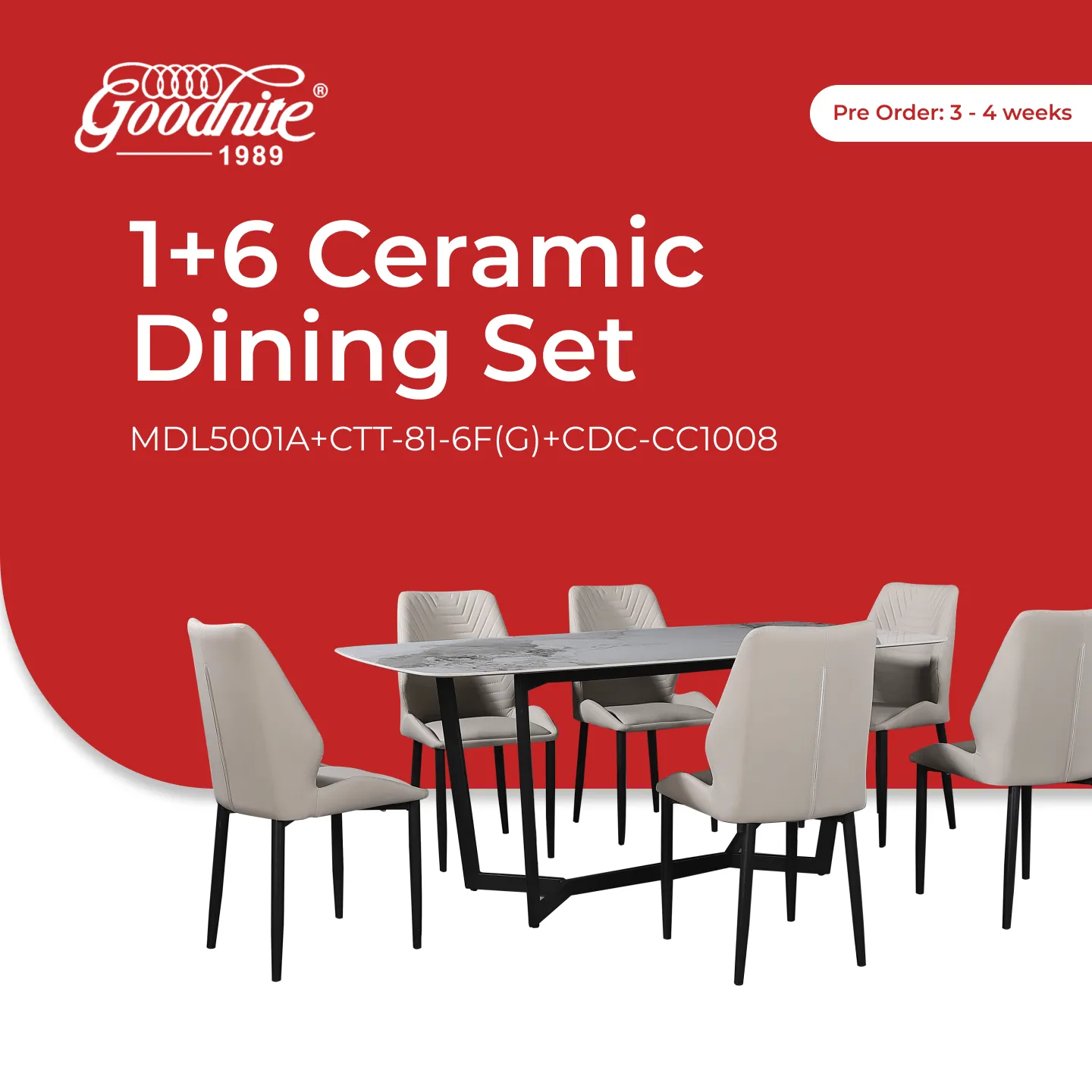 Goodnite (1+6) Ceramic Dining Set, Ceramic Top, Metal Leg, PU Chair