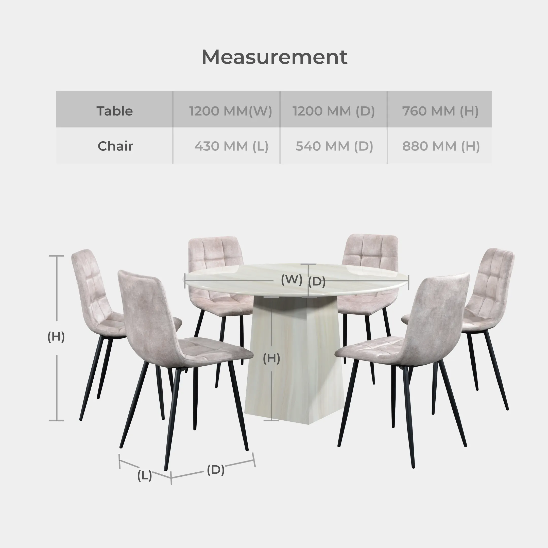 Goodnite (1+6) Marble Dining Set (W 1200mm), Full Marble Table, Metal Leg, Fabric Chair