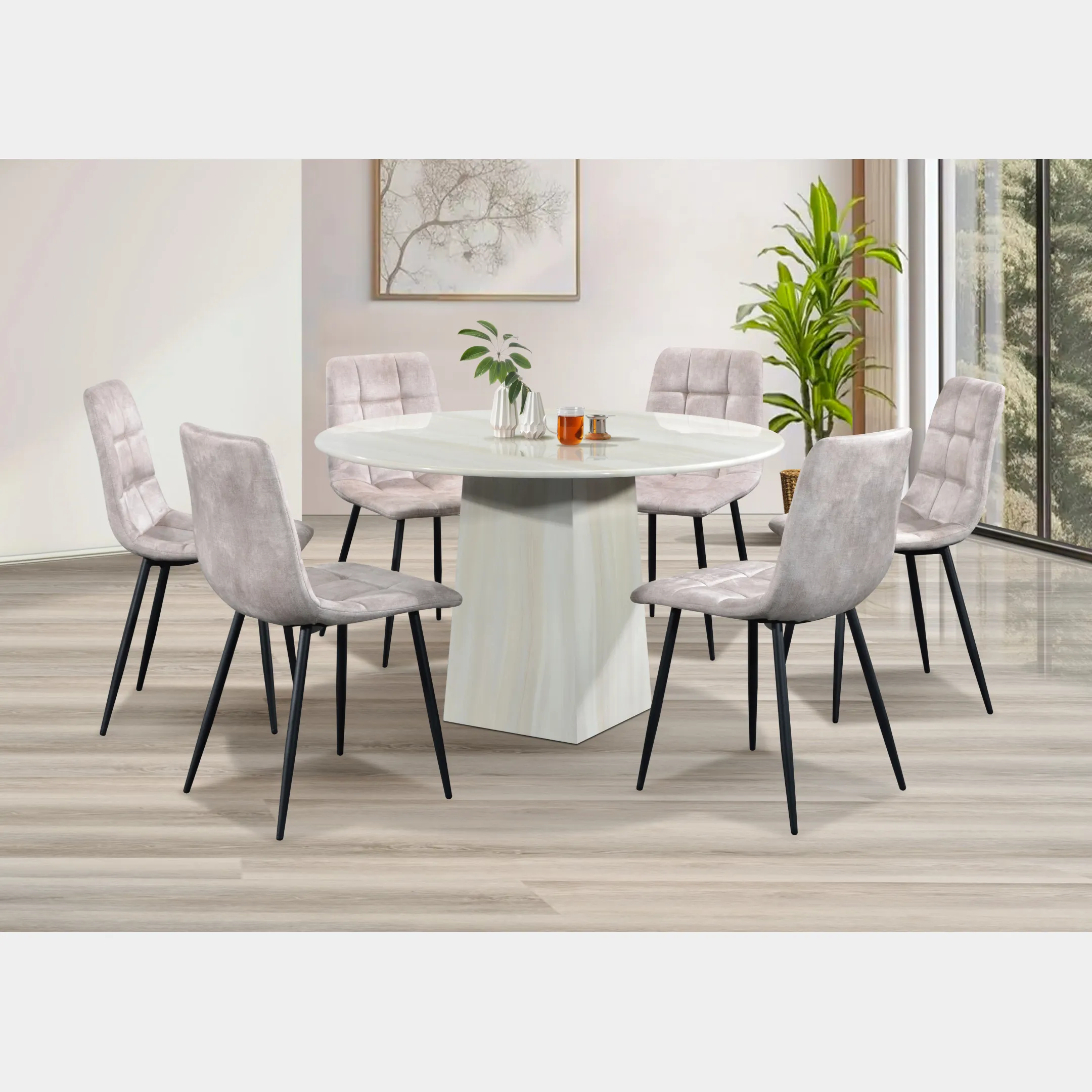 Goodnite (1+6) Marble Dining Set (W 1200mm), Full Marble Table, Metal Leg, Fabric Chair