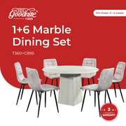 Goodnite (1+6) Marble Dining Set (W 1200mm), Full Marble Table, Metal Leg, Fabric Chair