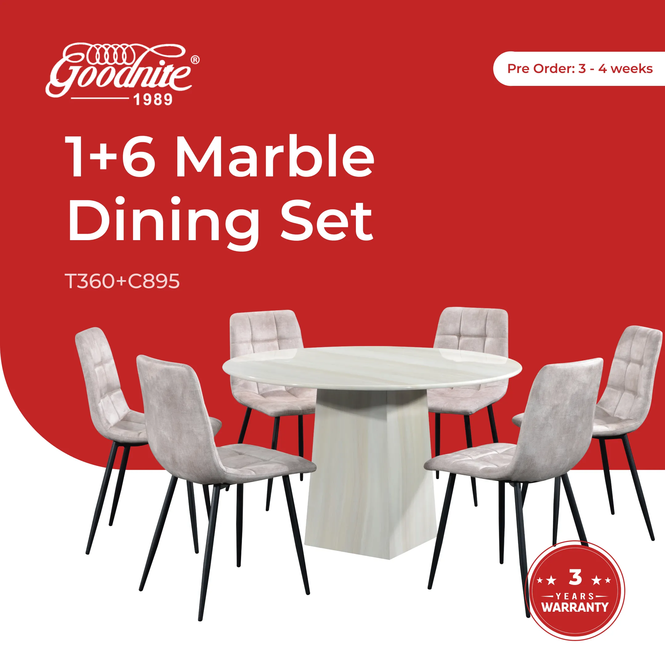 Goodnite (1+6) Marble Dining Set (W 1200mm), Full Marble Table, Metal Leg, Fabric Chair