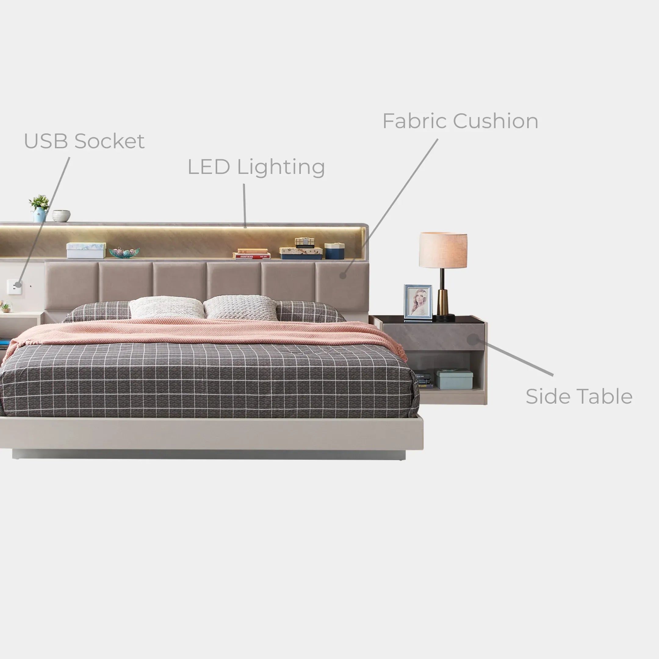 Goodnite Queen/ King Bedroom Set, Bedframe + Wardrobe + Dresser + Side Table (Calcolo)