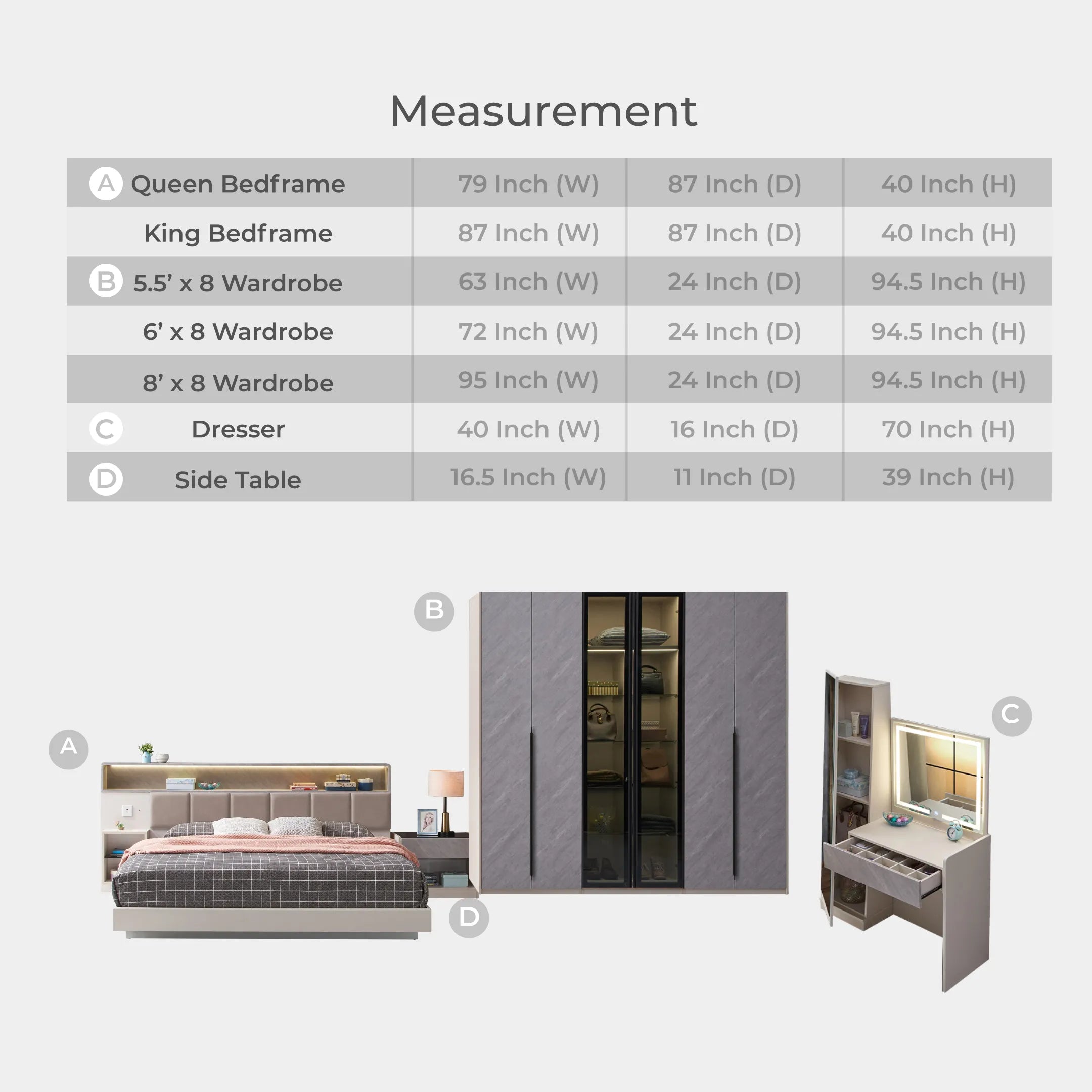 Goodnite Queen/ King Bedroom Set, Bedframe + Wardrobe + Dresser + Side Table (Calcolo)