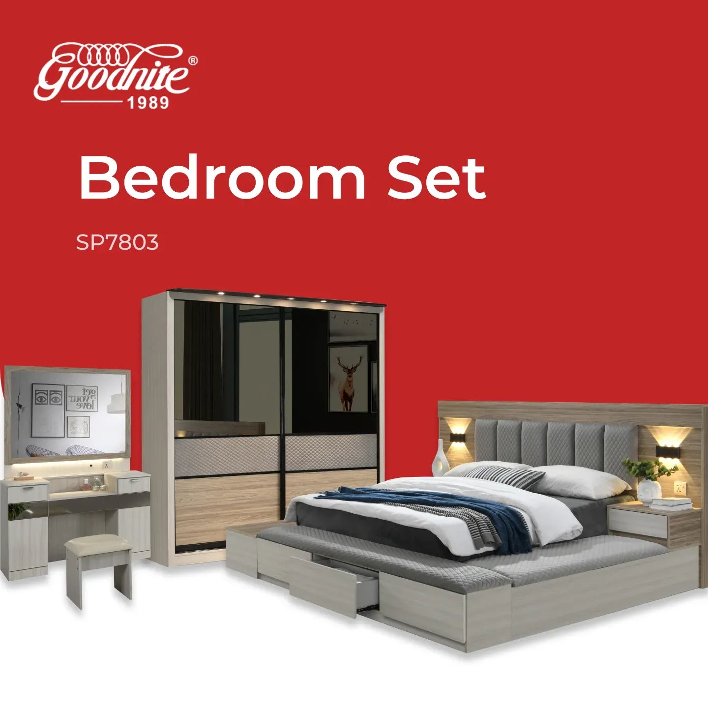Goodnite Queen/ King Bedroom Set, Bedframe + Wardrobe + Dresser + Side Table (SP7803)