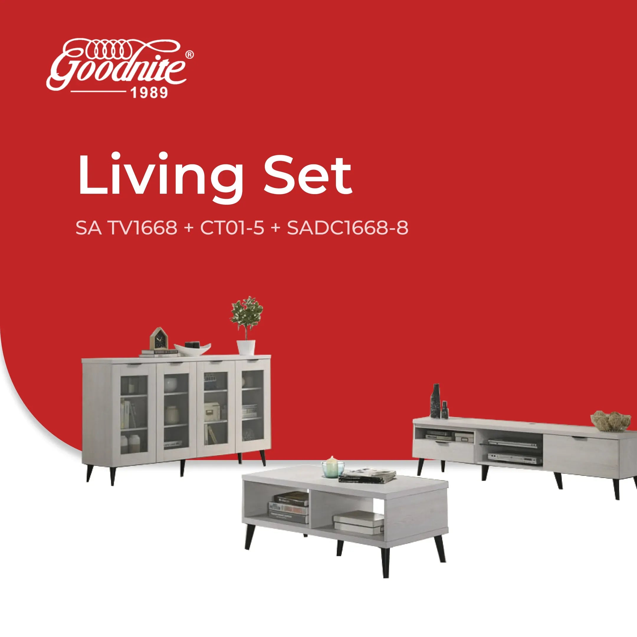 Goodnite Living Set, 6Ft TV Cabinet + Coffee Table + Display Cabinet