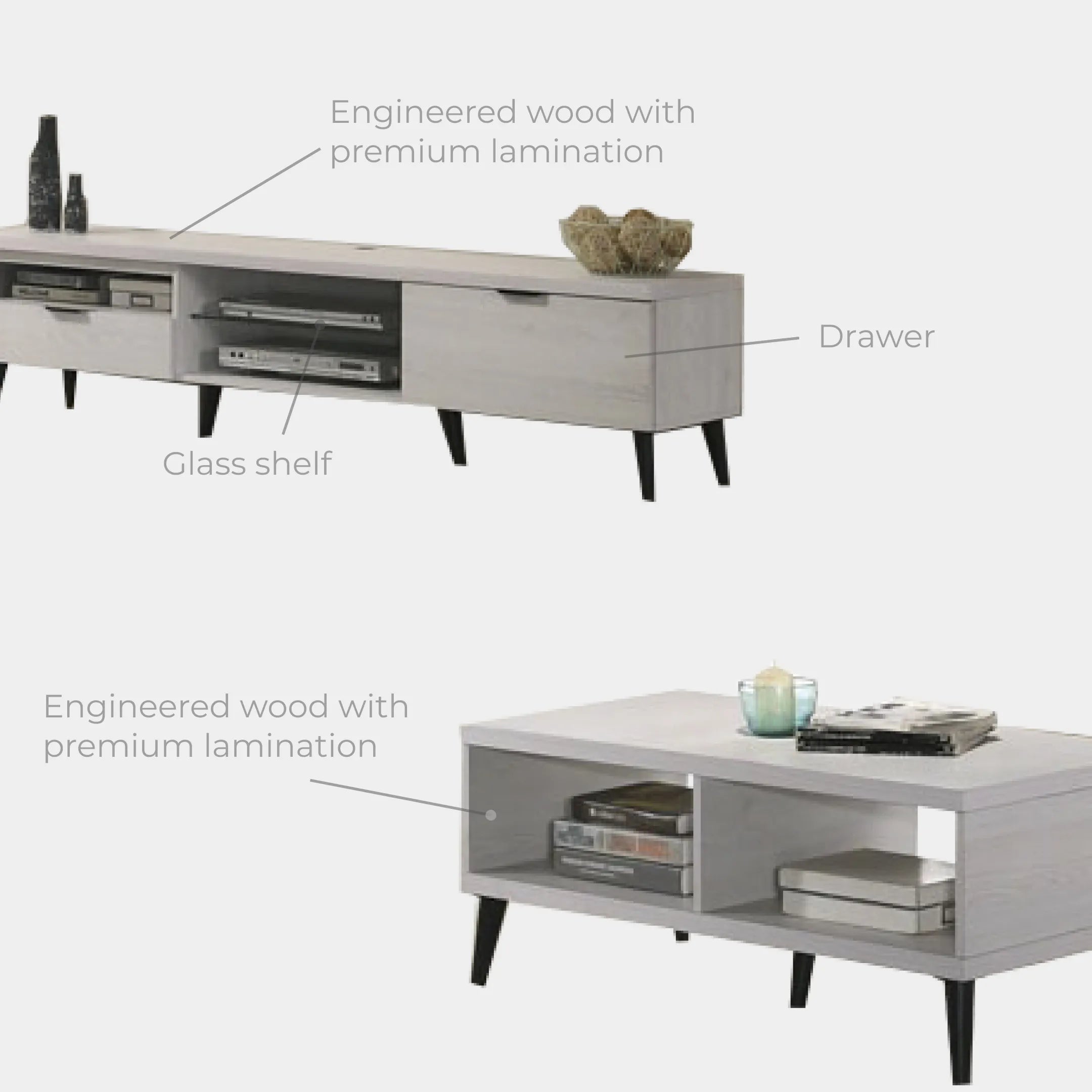Goodnite Living Set, 6Ft TV Cabinet + Coffee Table + Display Cabinet