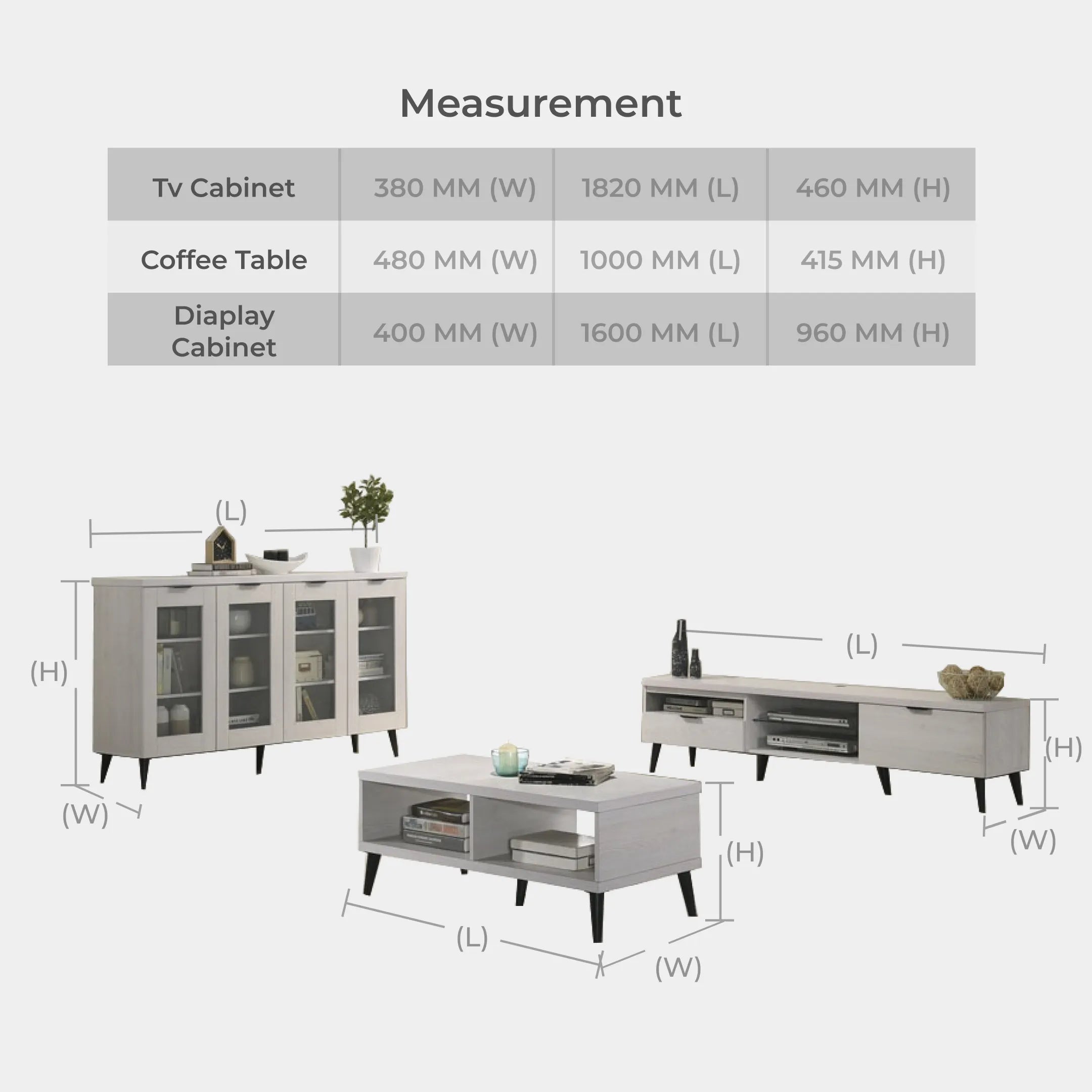 Goodnite Living Set, 6Ft TV Cabinet + Coffee Table + Display Cabinet