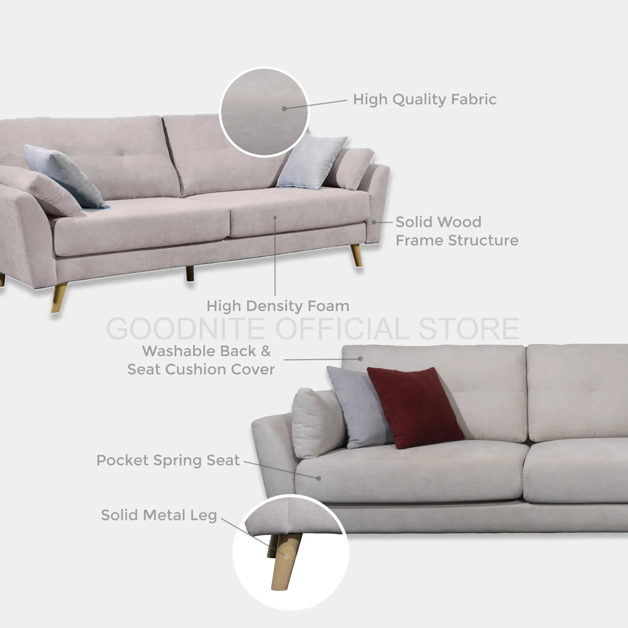 Goodnite Fabric Sofa (ML3704), 1 Seater/ 2 Seater/ 3 Seater/ 2+3 Seater/ 5 Years Warranty