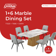 Goodnite (1+6) Marble Dining Set (W 1800mm), Nano Marble Table, Metal Leg, Fabric Chair
