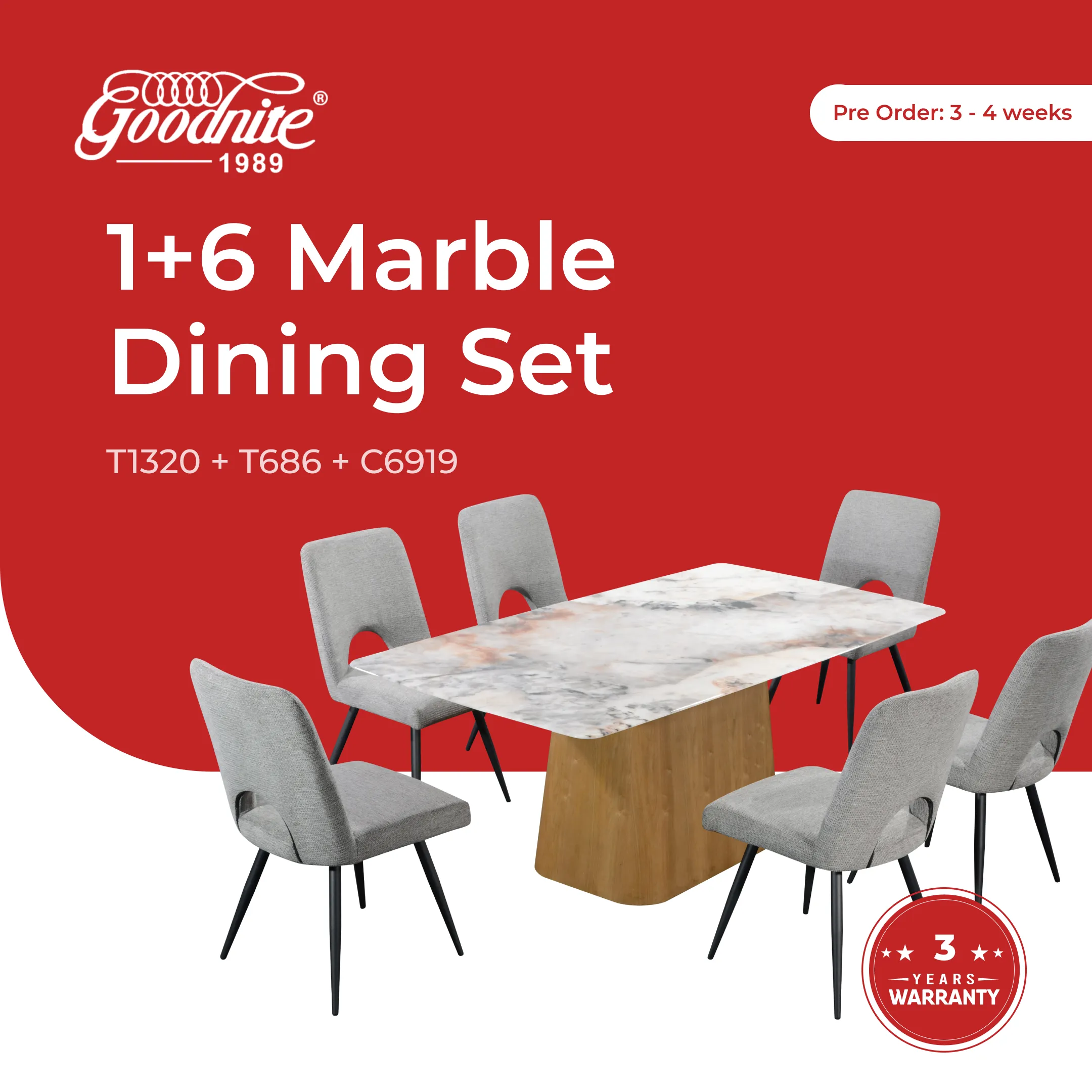 Goodnite (1+6) Marble Dining Set (W 1800mm), Nano Marble Table, Metal Leg, Fabric Chair