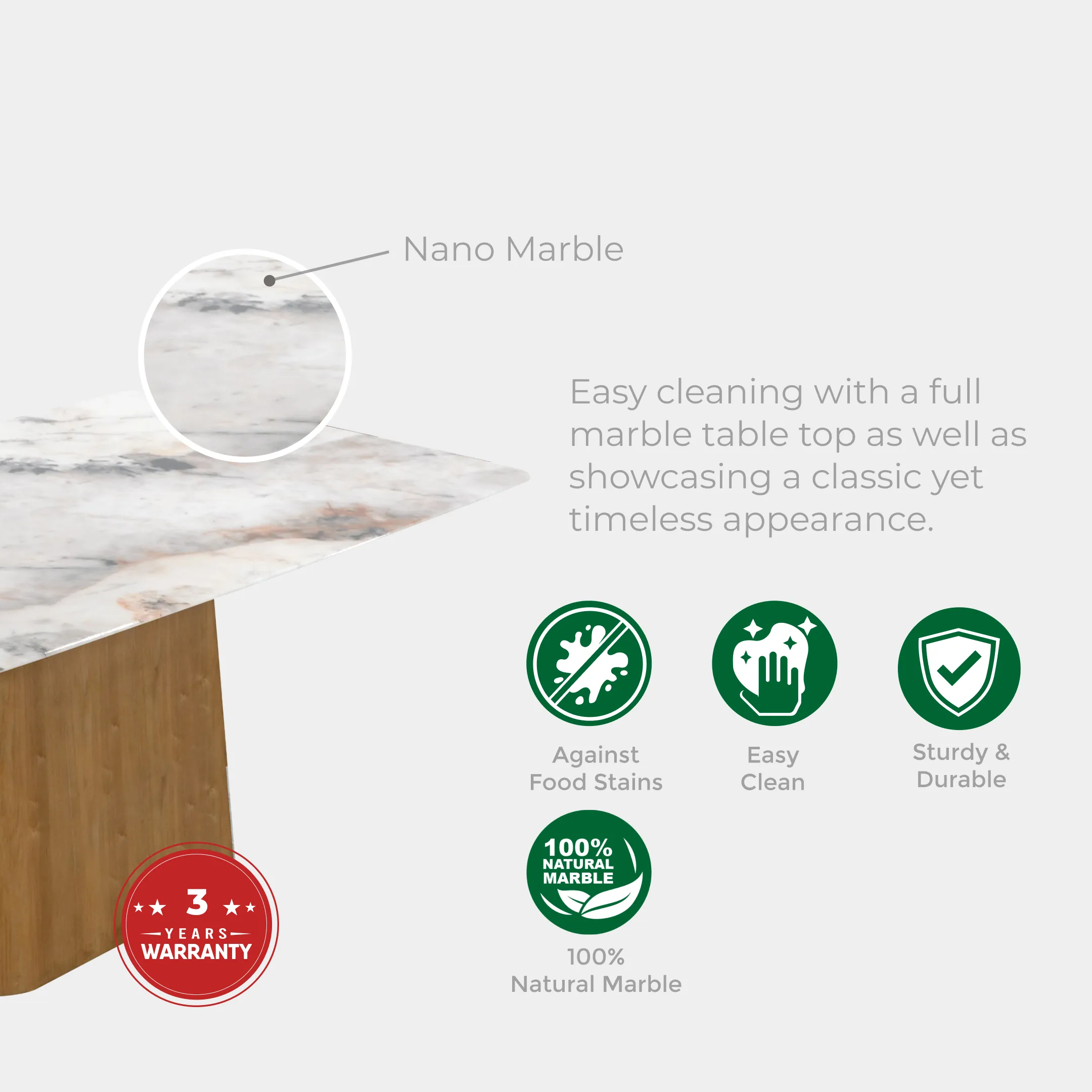 Goodnite (1+6) Marble Dining Set (W 1800mm), Nano Marble Table, Metal Leg, Fabric Chair