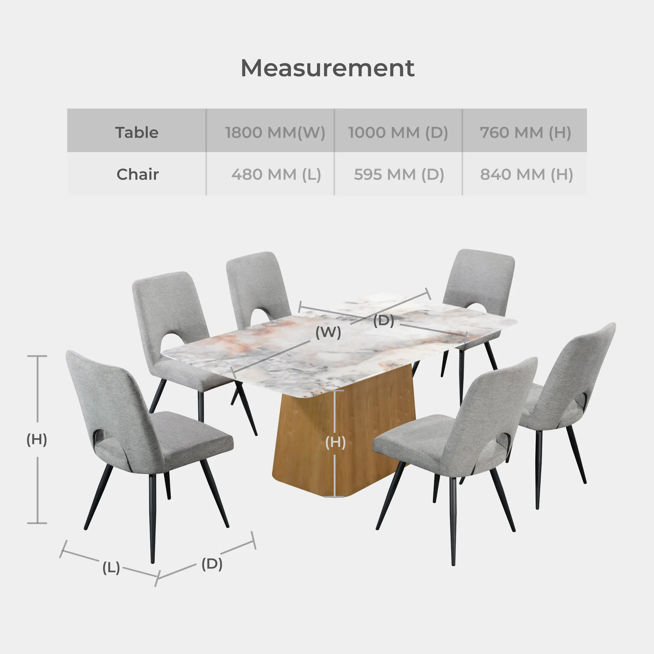Goodnite (1+6) Marble Dining Set (W 1800mm), Nano Marble Table, Metal Leg, Fabric Chair