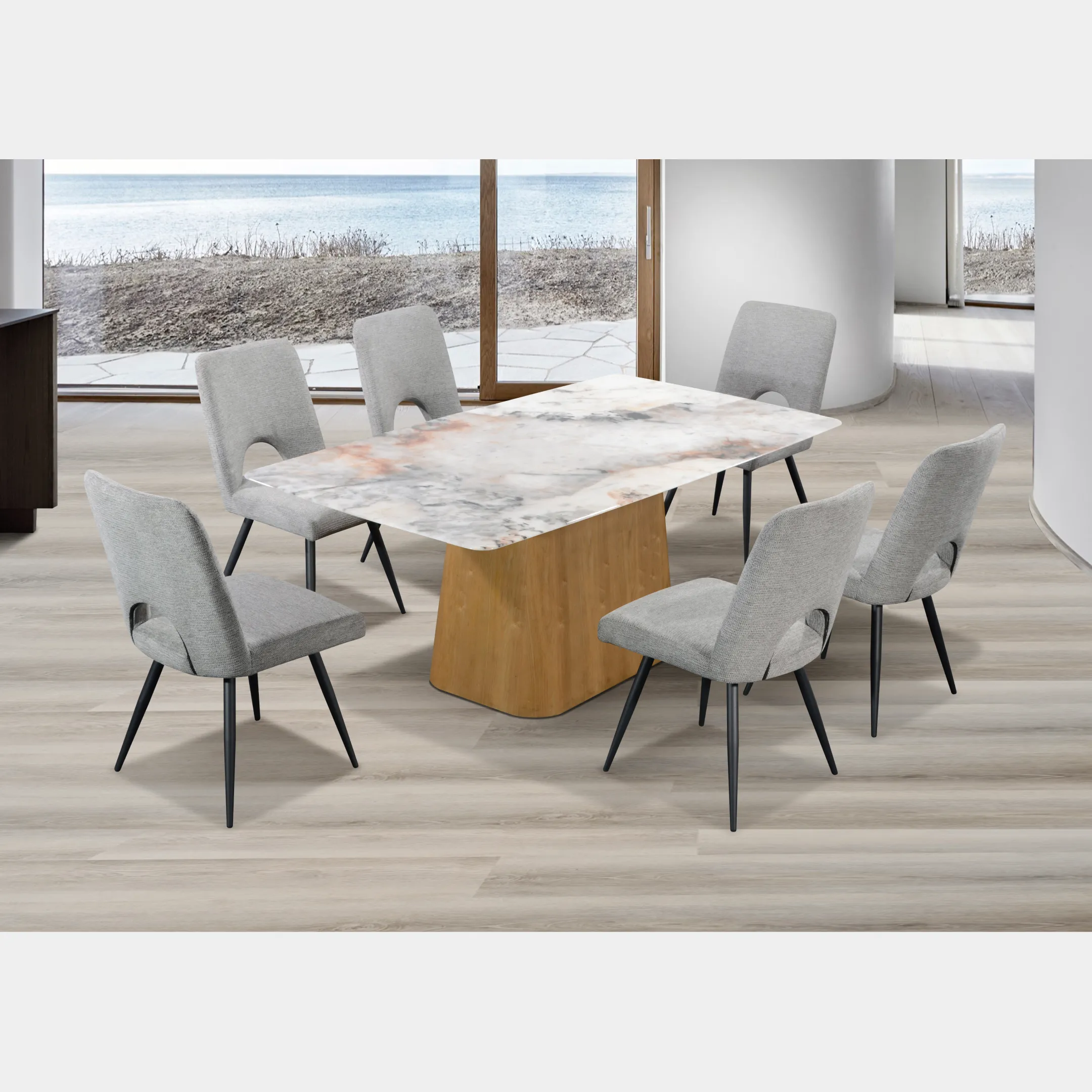 Goodnite (1+6) Marble Dining Set (W 1800mm), Nano Marble Table, Metal Leg, Fabric Chair