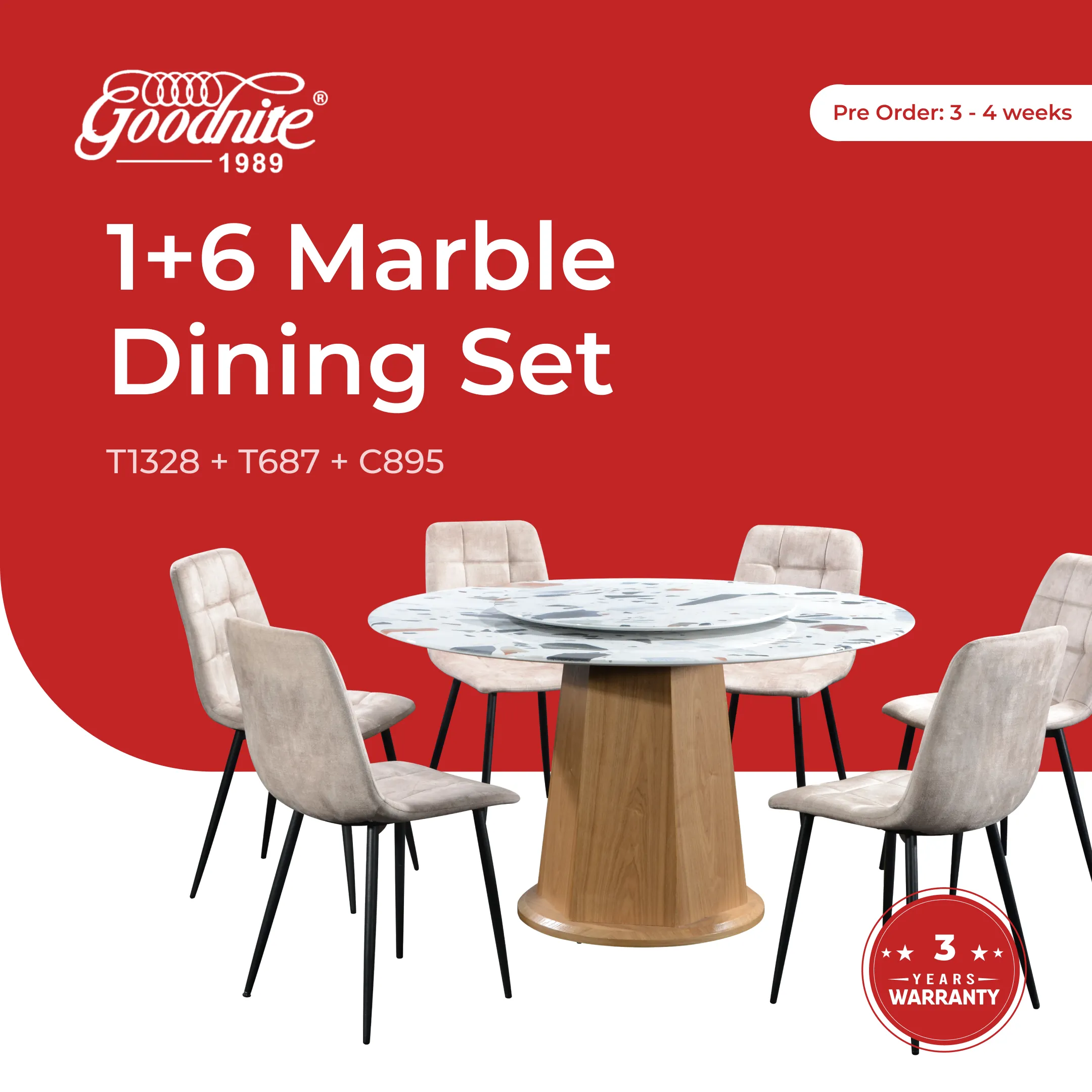 Goodnite (1+6) Marble Dining Set (W 1350mm), Nano Marble Table, Metal Leg, Fabric Chair