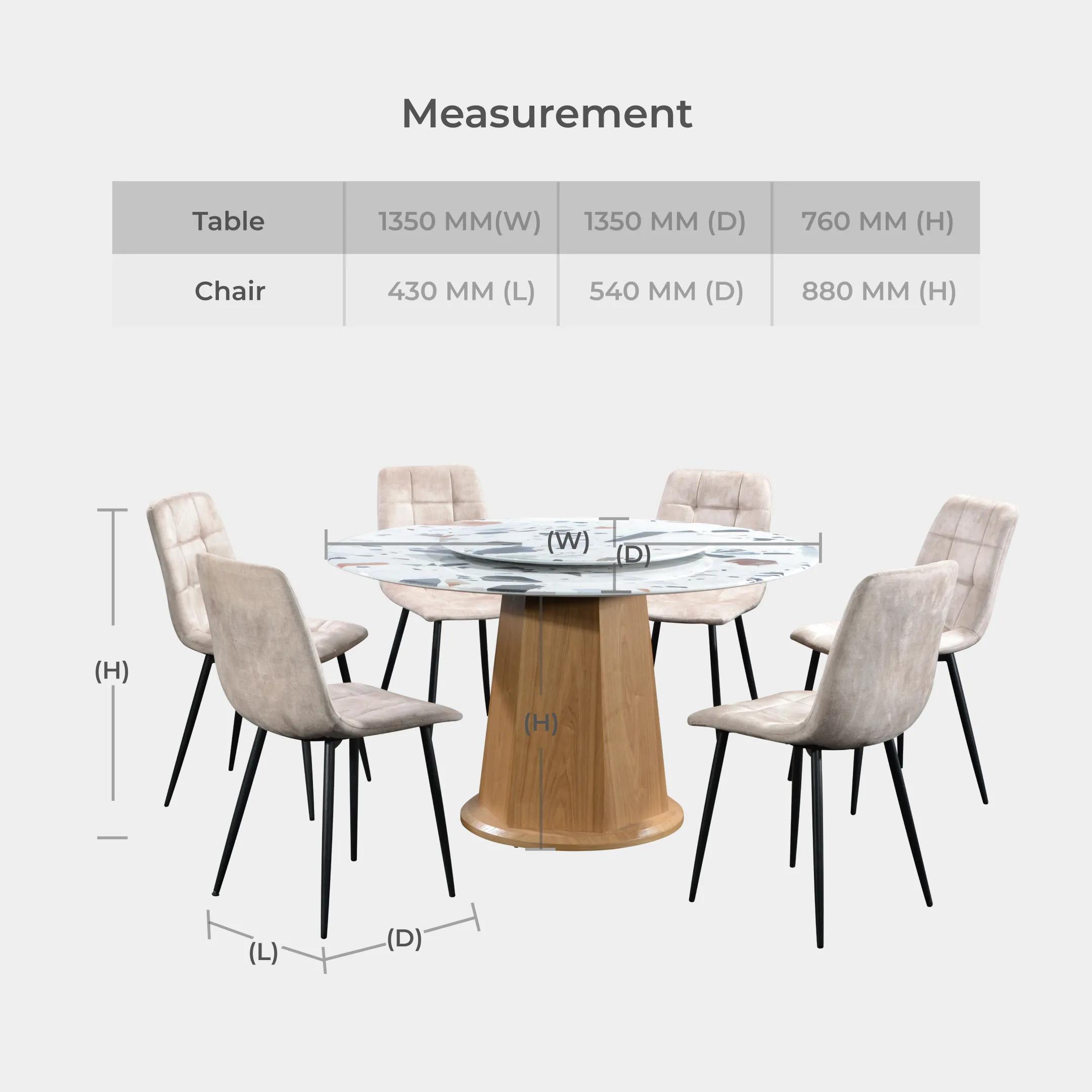 Goodnite (1+6) Marble Dining Set (W 1350mm), Nano Marble Table, Metal Leg, Fabric Chair