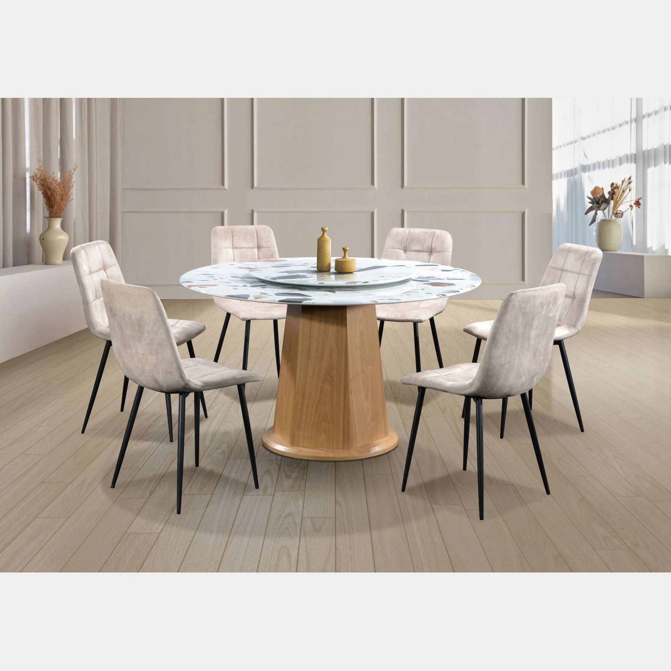 Goodnite (1+6) Marble Dining Set (W 1350mm), Nano Marble Table, Metal Leg, Fabric Chair