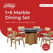 Goodnite (1+6) Marble Dining Set (W 1350mm), Nano Marble Table, Solid Rubber Wood Leg, Vitra Classic Chair