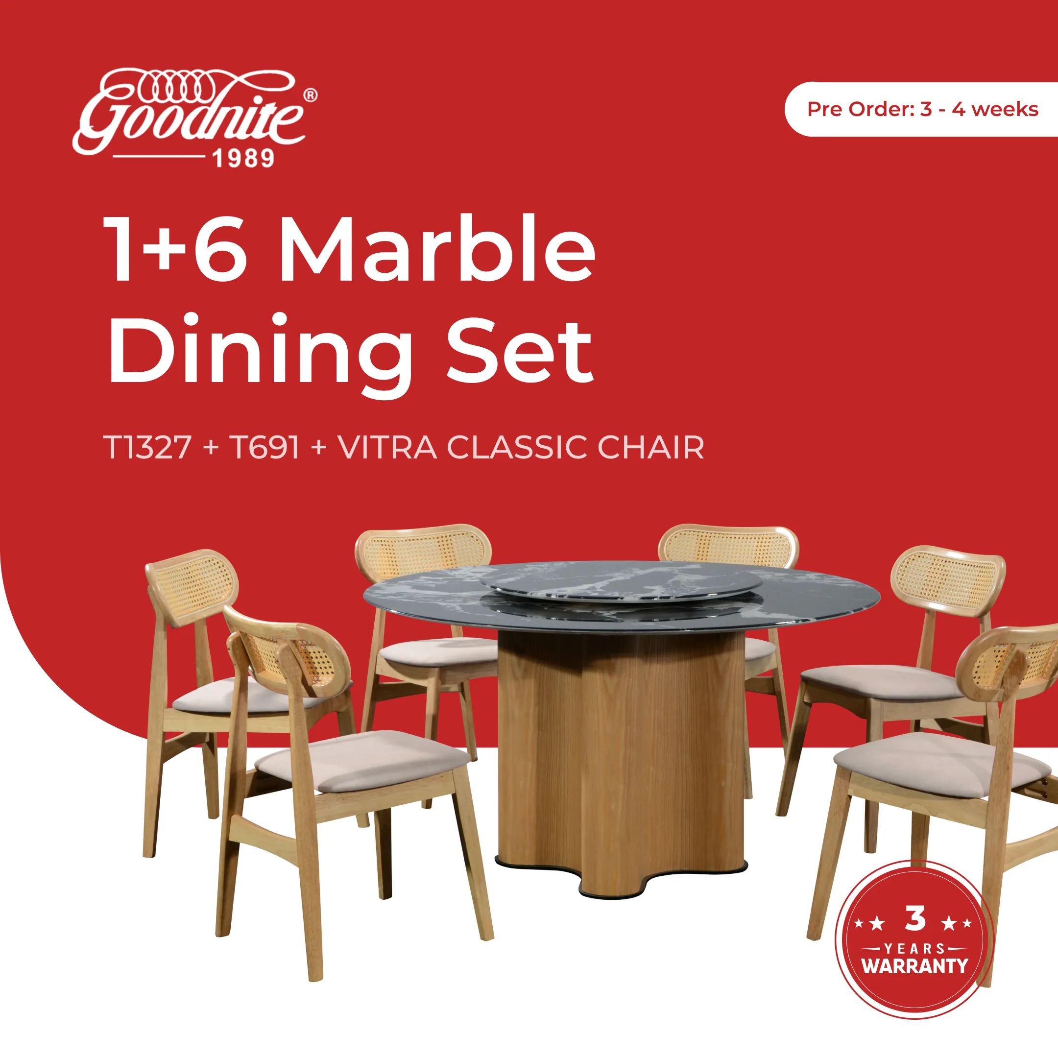 Goodnite (1+6) Marble Dining Set (W 1350mm), Nano Marble Table, Solid Rubber Wood Leg, Vitra Classic Chair