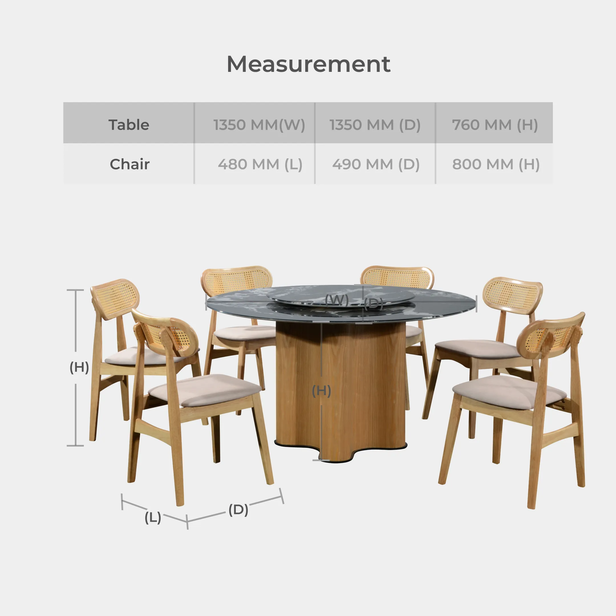 Goodnite (1+6) Marble Dining Set (W 1350mm), Nano Marble Table, Solid Rubber Wood Leg, Vitra Classic Chair