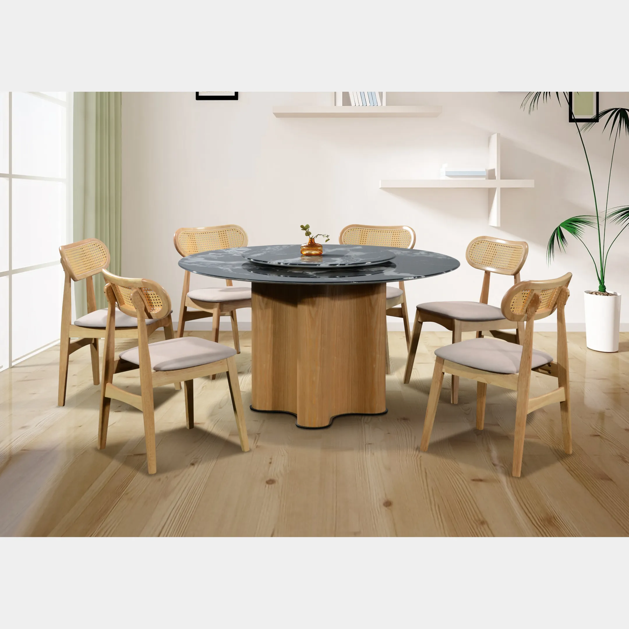 Goodnite (1+6) Marble Dining Set (W 1350mm), Nano Marble Table, Solid Rubber Wood Leg, Vitra Classic Chair