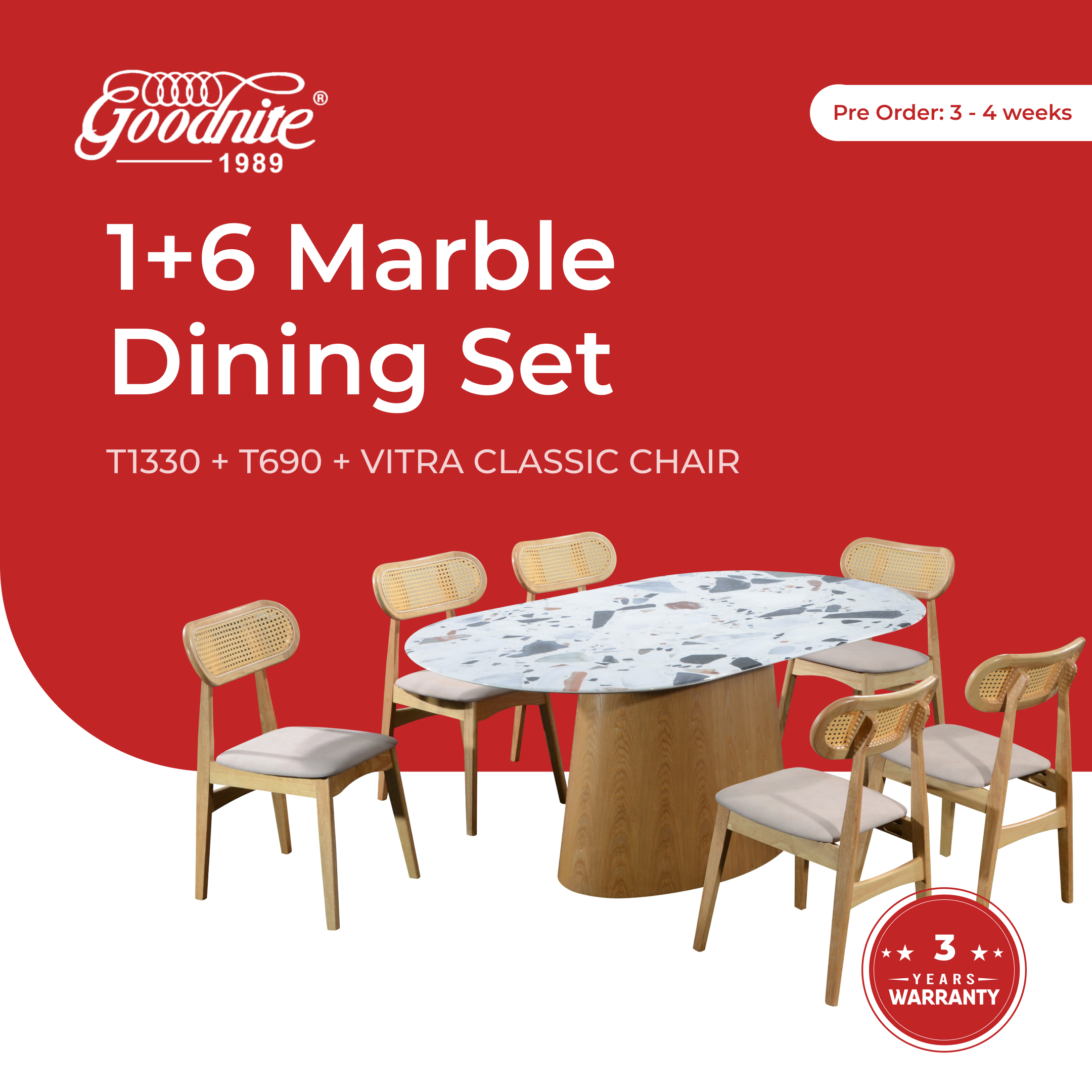 Goodnite (1+6) Marble Dining Set (W 1800mm), Nano Marble Table, Solid Rubber Wood Leg, Vitra Classic Chair