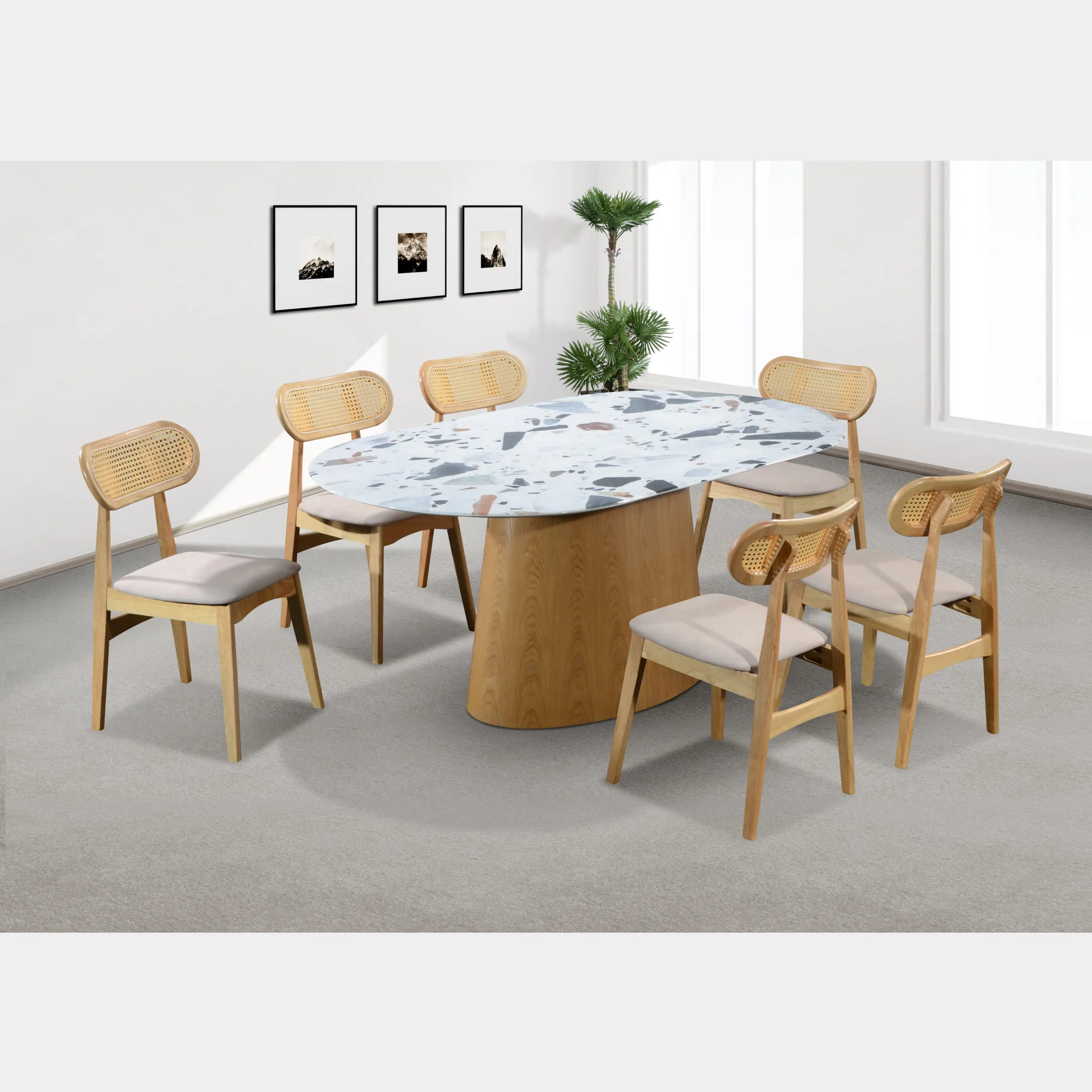 Goodnite (1+6) Marble Dining Set (W 1800mm), Nano Marble Table, Solid Rubber Wood Leg, Vitra Classic Chair