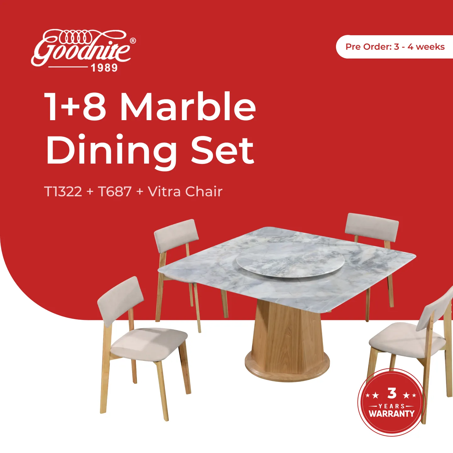 Goodnite (1+8) Marble Dining Set (W 1350mm), Nano Marble Table, Vitra Chair