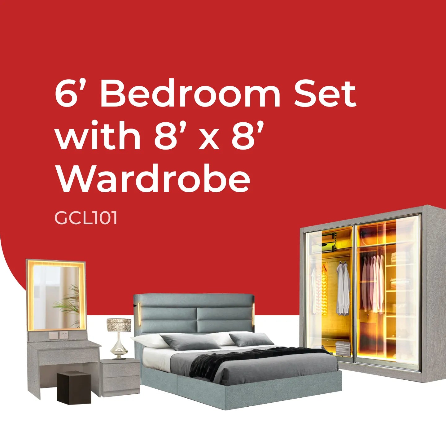 Goodnite Queen/ King Bedroom Set, Bedframe + Wardrobe + Dresser + Side Table (GCL101)