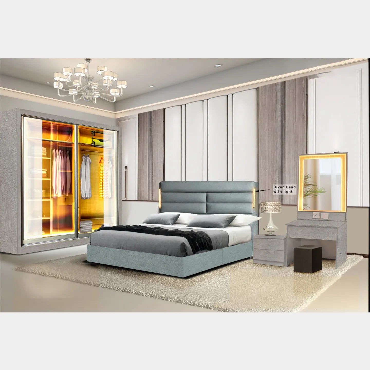 Goodnite Queen/ King Bedroom Set, Bedframe + Wardrobe + Dresser + Side Table (GCL101)