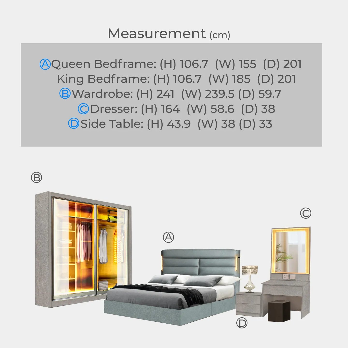 Goodnite Queen/ King Bedroom Set, Bedframe + Wardrobe + Dresser + Side Table (GCL101)