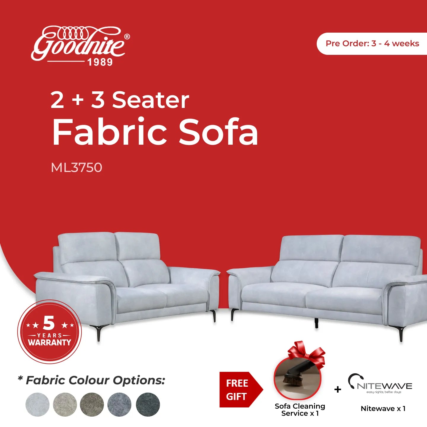 Goodnite Fabric Sofa (ML3750), 1 Seater/ 2 Seater/ 3 Seater & 2+3 Seater, 2.5 Years Warranty