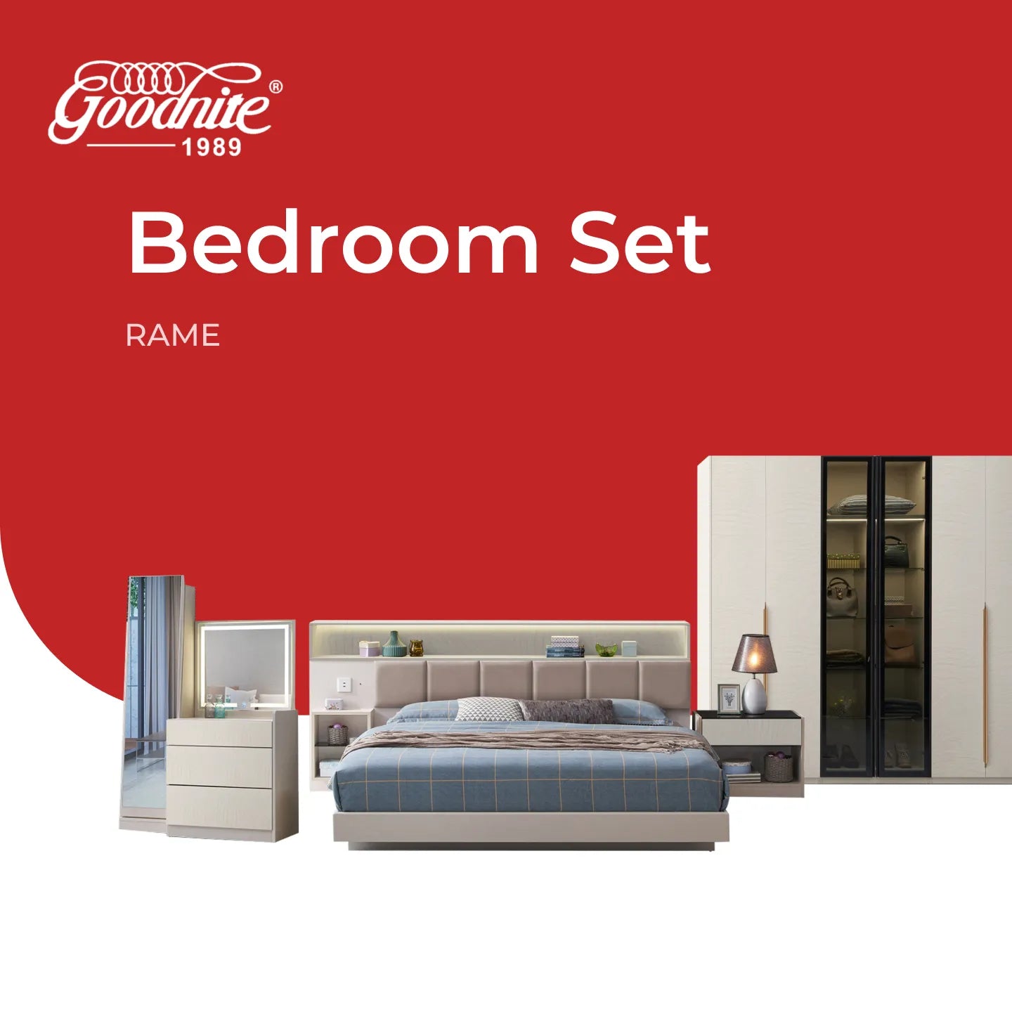 Goodnite Queen/ King Bedroom Set, Bedframe + Wardrobe + Dresser + Side Table (RAME)