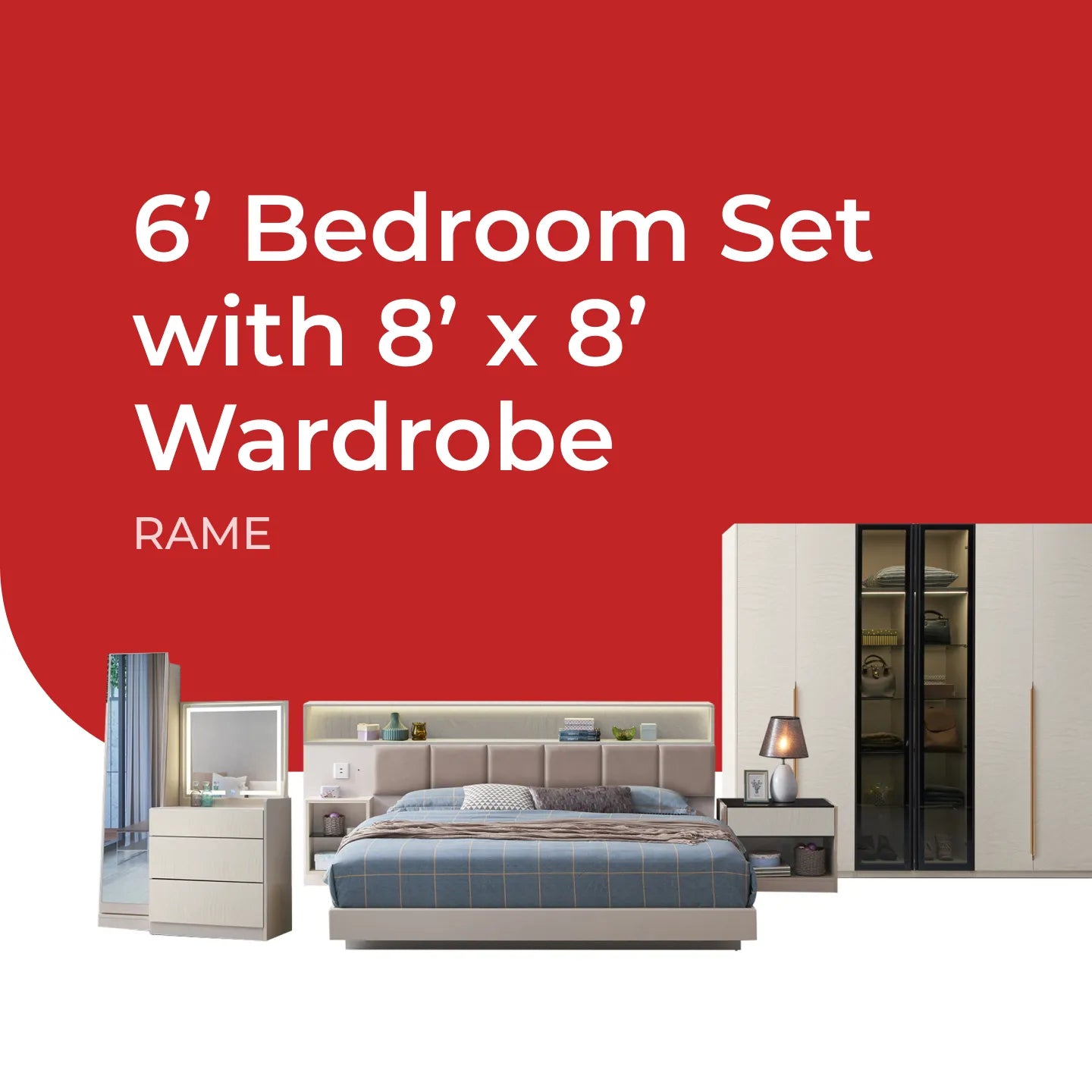 Goodnite Queen/ King Bedroom Set, Bedframe + Wardrobe + Dresser + Side Table (RAME)
