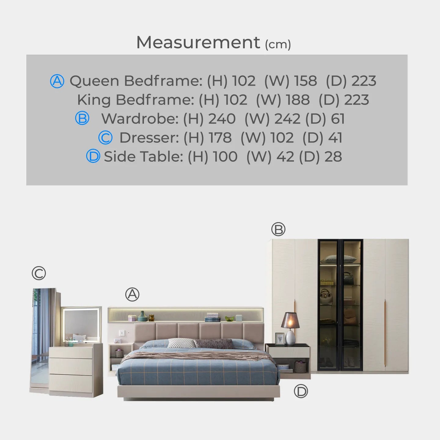 Goodnite Queen/ King Bedroom Set, Bedframe + Wardrobe + Dresser + Side Table (RAME)
