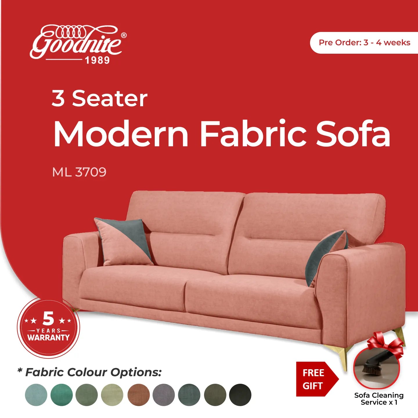 Goodnite Fabric Sofa (ML3709), 1 Seater/ 2 Seater/ 3 Seater/ 2+3 Seater, 5 Years Warranty