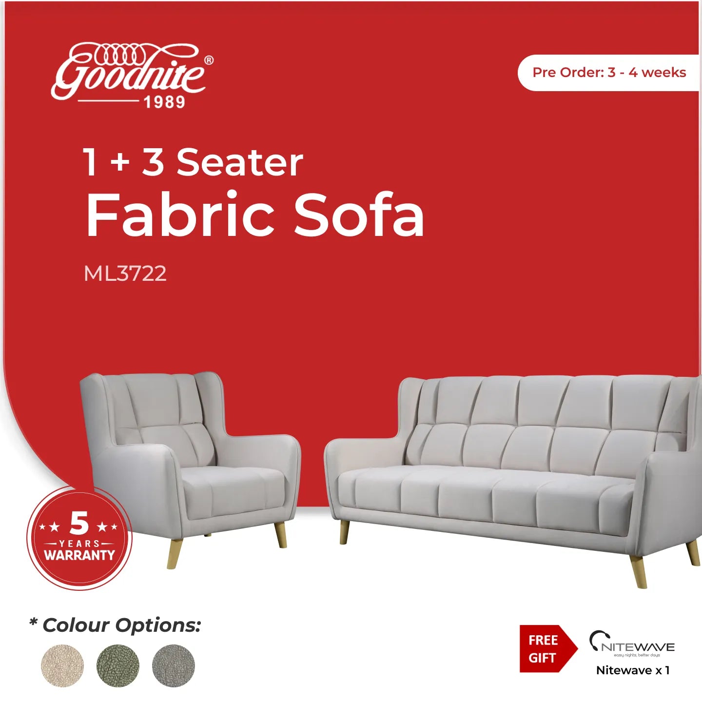 Goodnite Fabric Sofa (ML3722), 1 Seater/ 2 Seater/ 3 Seater/ 1+3 Seater, 5 Years Warranty