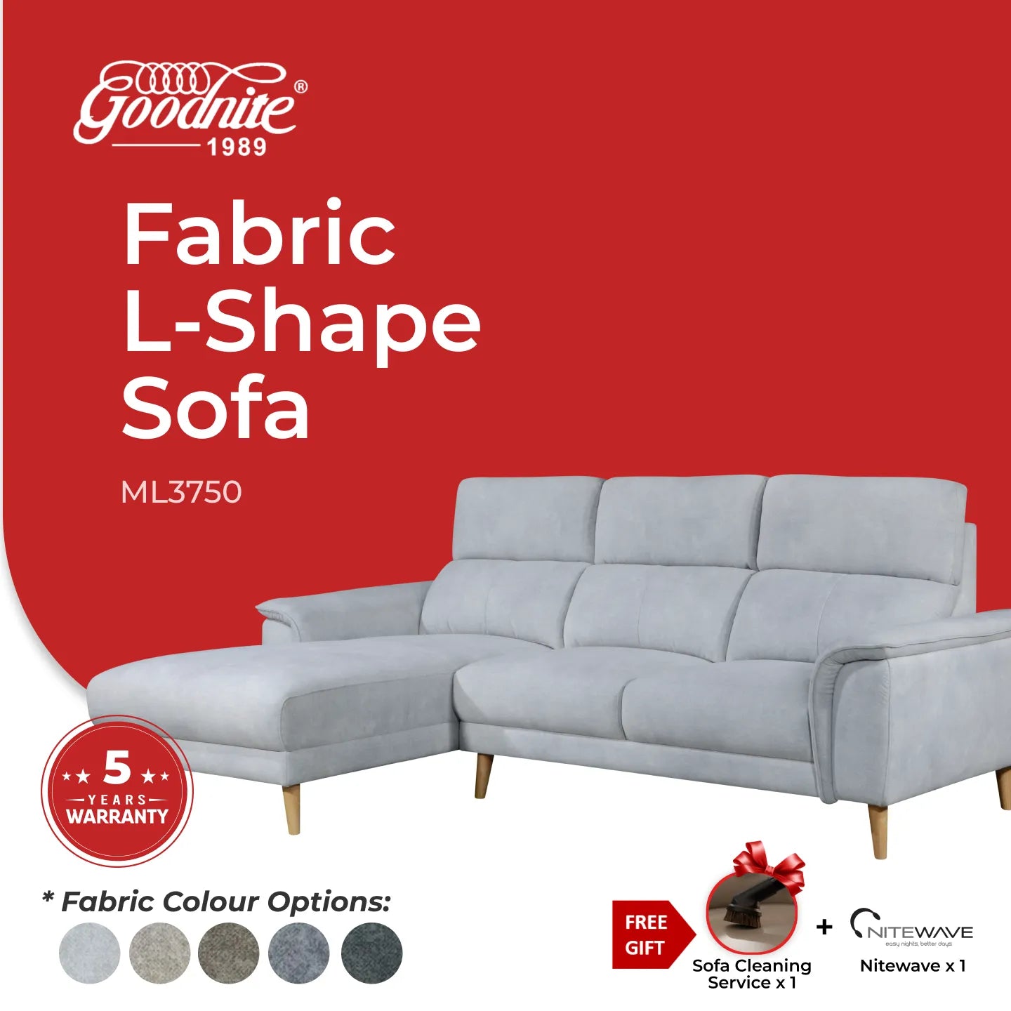 Goodnite Fabric L-Shape Sofa (ML3750), 3 Years Warranty