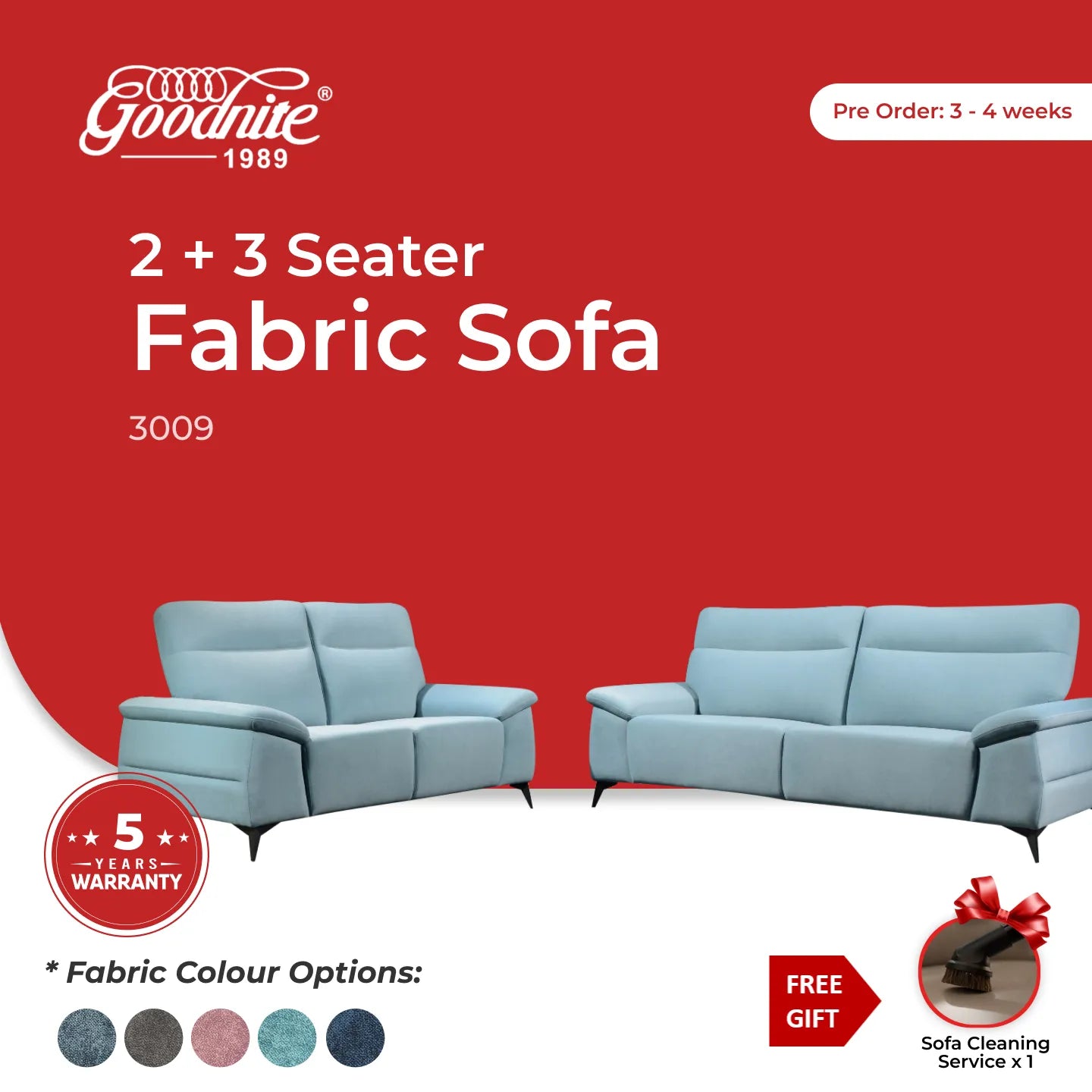 Goodnite Fabric Sofa (3009), 1 Seater/ 2 Seater/ 3 Seater/ 2+3 Seater/ 5 Years Warranty