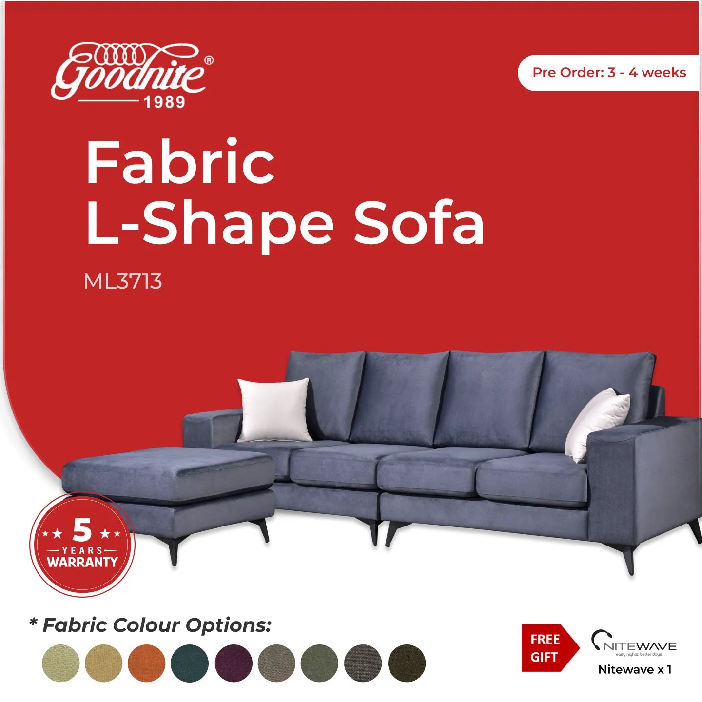 Goodnite Fabric L-Shape Sofa (ML3713), 5 Years Warranty