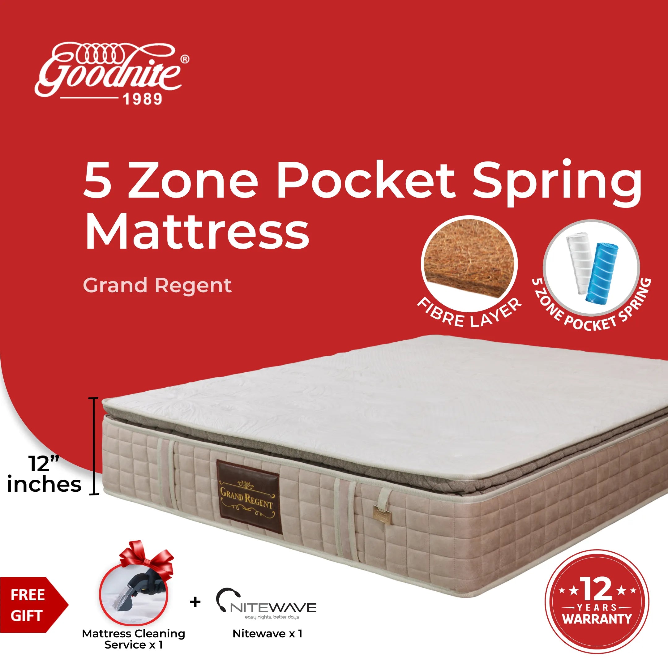 Goodnite Grand Regent 5 Zone Pocket Spring Mattress (12 Inch) with Single/ Super Single/ Queen/ King