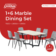 Goodnite (1+6) Marble Dining Set (W 1500mm), Marble Top Table, Metal Leg, Fabric Chair