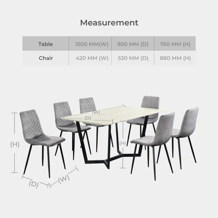 Goodnite (1+6) Marble Dining Set (W 1500mm), Marble Top Table, Metal Leg, Fabric Chair
