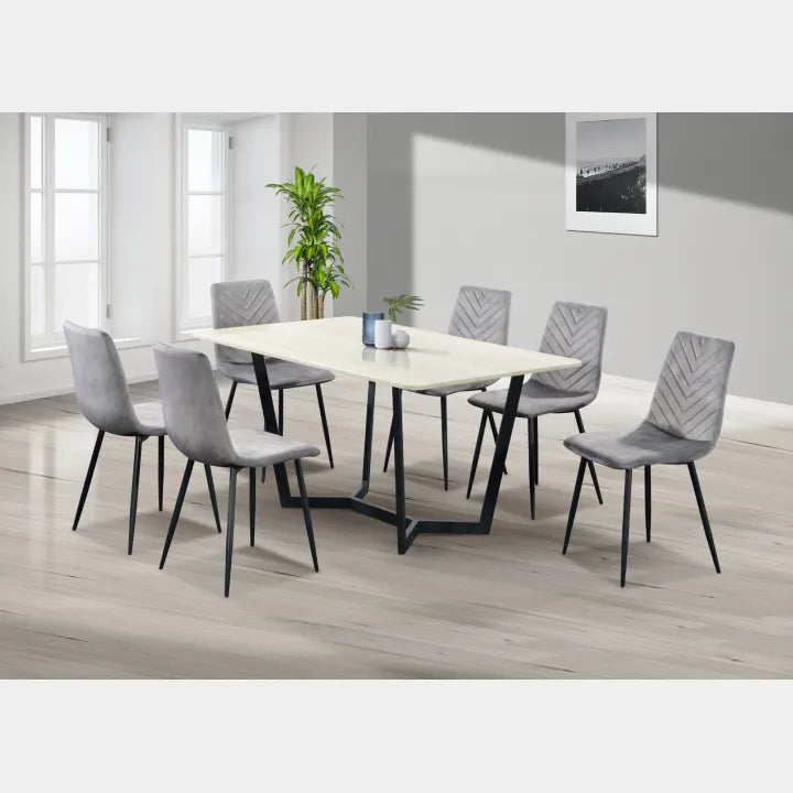 Goodnite (1+6) Marble Dining Set (W 1500mm), Marble Top Table, Metal Leg, Fabric Chair