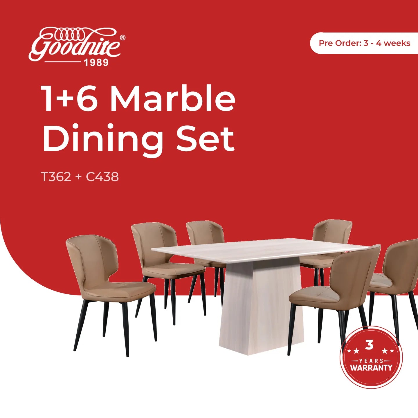 Goodnite (1+6) Marble Dining Set (W 1500mm), Full Marble Top Table, Slim Metal Leg, PU Chair