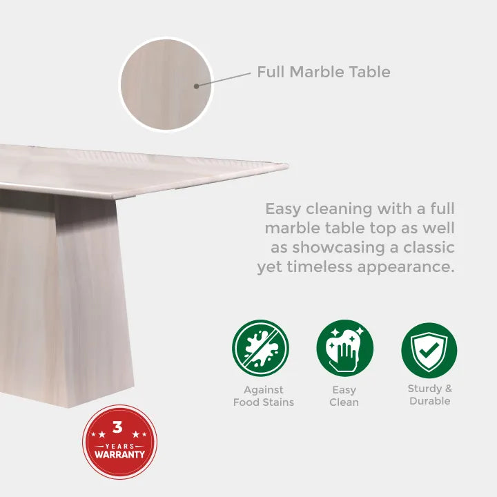 Goodnite (1+6) Marble Dining Set (W 1500mm), Full Marble Top Table, Slim Metal Leg, PU Chair