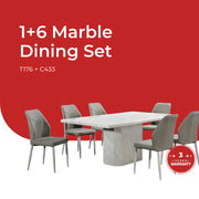 Goodnite 1+6 / 1+8 Marble Dining Set (W 1500mm), Marble Top Table, Metal Leg, PU Chair