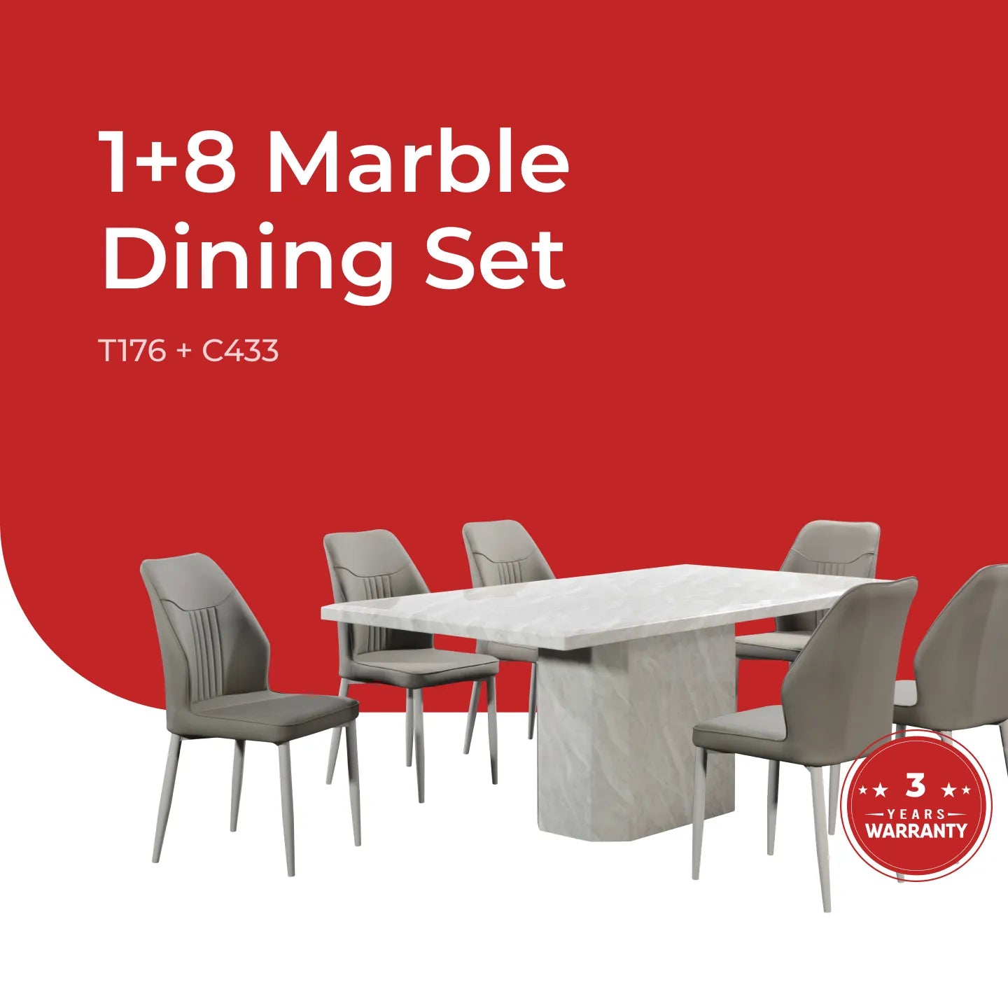Goodnite 1+6 / 1+8 Marble Dining Set (W 1500mm), Marble Top Table, Metal Leg, PU Chair
